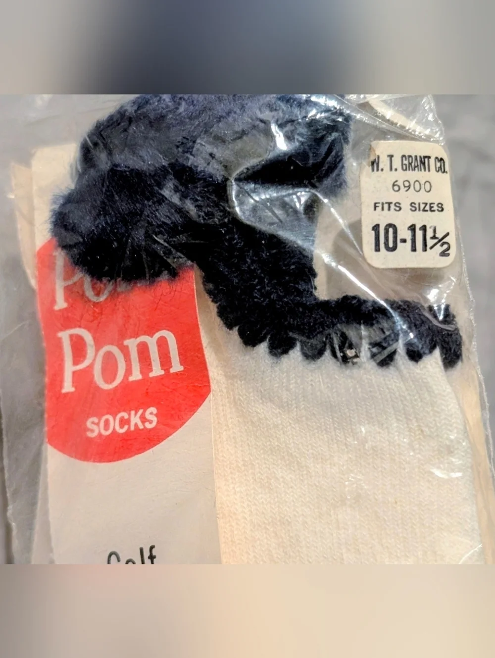 Rare NWT Vtg 70s White with Navy Blue Pom Pom Socks Sz 10-11 1/2